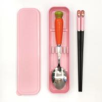 创意日式不锈钢餐具筷子勺子套装两件套个性可爱上班外带便携餐盒 粉盒+粉猫筷+萝卜勺