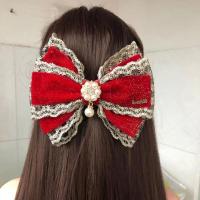 新款韩版刺绣大蝴蝶结弹簧夹顶夹马尾夹甜美多层发饰 大红色C1 8厘米弹簧家
