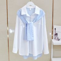 假两件披肩衬衫女2020秋新款韩版学院风宽松休闲外穿衬衣长袖上衣 蓝 S 适合100斤以下