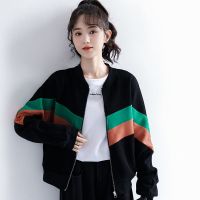 外套女2021秋季新款港风拼色短款bf休闲夹克学生春秋棒球服ins潮 黑色 S 建议80-100斤