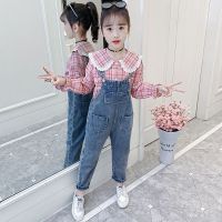 女童秋款套装2021新款洋气中大童韩版格子衬衫牛仔背带裤两件套潮 粉红色上衣 100 cm