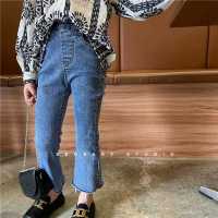 超级柔软女童秋装新款韩版超洋气开叉九分裤女宝宝百搭牛仔喇叭裤 蓝色 90码 拍之前问问客服