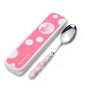 不锈钢304餐具筷子勺子套装三件套学生韩式可爱叉儿童便携收纳盒 304粉牛勺+盒子