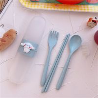 可爱麦秸餐具套装库洛米大耳狗学生吃饭勺子筷子叉子便携外出餐具 蓝大耳狗
