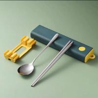 宿舍专用 304不锈钢勺子 韩式餐具盒便携餐具 勺筷叉餐具套装 蓝黄原色两件套