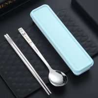 不锈钢筷子勺子套装上班族可爱学生外带单人装餐具盒便携两三件套 勺筷蓝盒 鼠