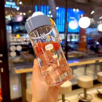 塑料杯子女可爱少女心随手杯耐高温便携防摔学生水杯简约清新森系 浅蓝-380ml 杯子+杯刷+贴纸