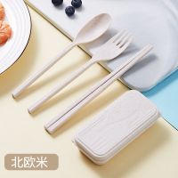 折叠餐具套装学生便携旅行筷子勺子叉子三件套收纳户外环保小麦 折叠款-北欧米 单个盒子(无餐具)