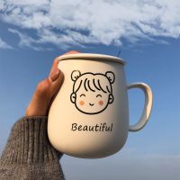 可爱简约大容量陶瓷杯子带盖勺经典款情侣ins马克杯日式少女水杯 漂亮女人(460ml带盖勺) 加厚泡沫包装