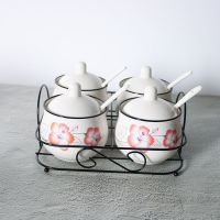 调味罐四件套陶瓷套装调料罐调味盒调料瓶盐罐油罐佐料盒送架子勺 百花齐放四件套