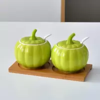 创意陶瓷调味瓶调味罐套装家用厨房用品味精南瓜油盐罐佐料调料盒 绿色南瓜+套二竹板