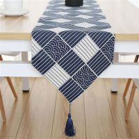 北欧桌旗现代简约茶几桌旗布长条餐桌茶台布艺鞋柜布盖巾床旗尾巾 蓝条纹 单层带吊坠 30*120CM