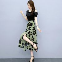 连衣裙夏装2021年新款大码女装气质短袖别致收腰显瘦露肩印花裙子[10天内发货] 绿色 M 90-105斤