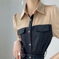 高端赫本风连衣裙2021夏季新款气质修身衬衫裙收腰拼接裙子 香槟色[收藏店铺优先发货] S