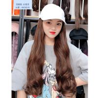 渔夫棒球帽子带假发一体女春夏天时尚潮流长卷发大波浪全头套式直 浅棕色假发[白色鸭舌帽]送发网 波浪卷款