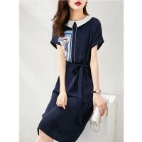 菲洛曼2021夏季新款印花短袖连衣裙女收腰系带宽松H直筒裙子 宝蓝色 M