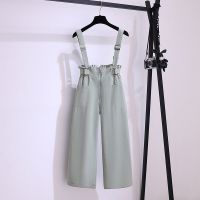 大码女装休闲背带裤女夏季2021新款宽松显瘦阔腿连体裤两件套装 背带裤单件 M 建议80-100斤