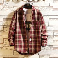 秋冬装衬衣宽松大码日系加绒加厚格子长袖衬衫磨毛加大加肥外套 122红色 春款 M 建议95-110斤