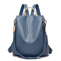 卡帝乐鳄鱼双肩包女新款韩版真皮质感包包百搭大容量防盗时尚背包 蓝色