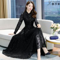 长袖印花雪纺连衣裙女2021新款夏装贵夫人妈妈衬衫裙收腰显瘦气质 黑色 M 建议90-100斤