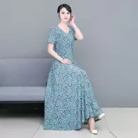2021夏季新款冰丝印花短袖女连衣裙高腰显瘦V领大摆裙中老年妈妈 绿宝石 图片色印花 M