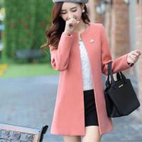 2020年春秋新款中长款修身显瘦时尚百搭双面毛呢外套呢子大衣女 粉红色 L
