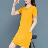 棉/夏季连衣裙女装2021年新款薄款短袖宽松显瘦中长款夏天裙子潮 015黄色(纯色) M 建议95斤内