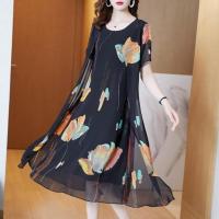 短袖连衣裙女2021新款中年妈妈印花高档雪纺裙宽松显瘦遮肚中长裙 黑色 L 建议100-120斤穿