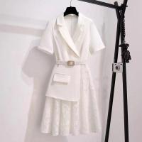 西装拼接蕾丝连衣裙2021新款夏季大码女装胖mm200斤显瘦减龄裙子 白色 M 建议80-100斤