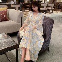 夏季雪纺连衣裙女2021新款收腰显瘦遮肚仙女裙温柔甜美减龄度假裙 百合蓝 S 100斤内