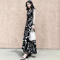 高端女装印花长裙2021夏装新款收腰显瘦沙滩度假裙子无袖连衣裙女 黑白色 S
