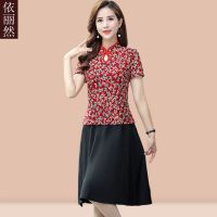 改良旗袍短袖连衣裙2021新款洋气中老年妈妈夏装碎花假两件套裙子 花型一 XL [建议85-105斤]