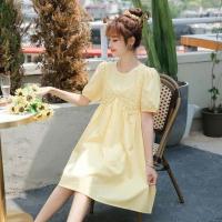 孕妇连衣裙女夏季新款时尚辣妈宽松显瘦蕾丝拼接泡泡袖减龄孕妇装 黄色连衣裙 M 90-105