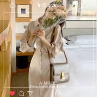 2021春装新款韩版复古气质收腰显瘦衬衫连衣裙女法式轻熟过膝长裙 卡其色 S