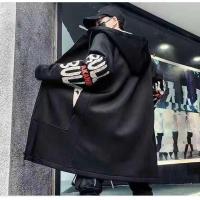 港风秋冬季中长款风衣男士男装潮牌新款大码潮流印花学生帅气外套 **风衣-外套-**160[薄款]黑 M