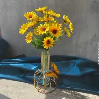 仿真花假花高档装饰客厅餐桌卧室满天星干花花束向日葵塑料绢布花 单只小向日葵+金属插管玻璃瓶套装