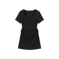 我是你的cc阿 胖mm显瘦短袖黑色连衣裙修身性感气质方领女夏季 黑色# 7-11天* S