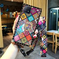 OPPOa72手机壳女款新品5G全包软硅胶防摔A72保护套奢华潮牌方形 民族风手机壳+镶钻支架+挂绳 OPPO A72