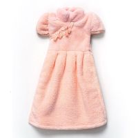 韩国可爱公主裙厨房擦手巾加厚吸水珊瑚绒儿童小面巾挂式抹布手帕 粉色款(赠小衣架)