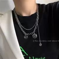 笑脸圆牌钛钢项链男潮牌百搭女ins嘻哈hiphop欧美夸张个性吊坠 双层星月笑脸项链