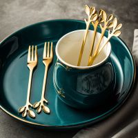 北欧祖母绿ins风家用轻奢陶瓷不锈钢小叉子点心叉餐具水果叉套装 祖母绿金叶6叉+瓶