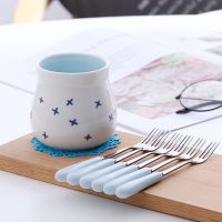 创意家用可爱陶瓷不锈钢水果叉小叉子点心叉甜品叉水果签叉子套装 星星罐子+6叉子