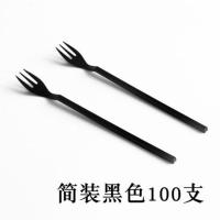 一次性叉子加长水果茶叉子外卖水果叉子加长三齿叉长柄塑料水果叉 黑色 简装100支