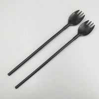 一次性水果茶叉勺加长两用叉勺25cm带吸管叉勺一体叉子长柄水果叉 黑色 独立包装50根