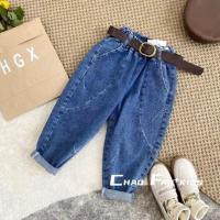 儿童老爹裤男女童中小宝宝牛仔萝卜裤宽松春秋装2021秋冬新款洋气 蓝色单裤 无腰带 100