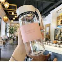 韩版简约玻璃杯带茶隔泡茶防烫小清新杯子男女学生便携创意随手杯 粉色480ml 单杯子