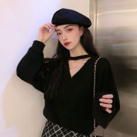 秋冬2021新款宽松韩版ins超火可盐可甜长袖短款v领前后两穿女上衣 黑色 S 80-100斤