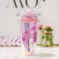 韩版七彩樱花闪片双层冰杯夏日冰酷杯果汁杯ins清新简约时尚水杯 七彩日樱 480ML
