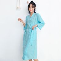 睡袍女夏薄款浴衣吸水速干情侣浴袍男200斤中长款胖MM睡衣加大码 华夫格薄荷绿女[短袖] M 70-120斤