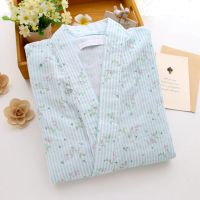 日式睡袍女夏长款薄款 夏季透气纱布睡衣和服女士性感浴袍家居服 绿花条纹和服睡衣套装 M